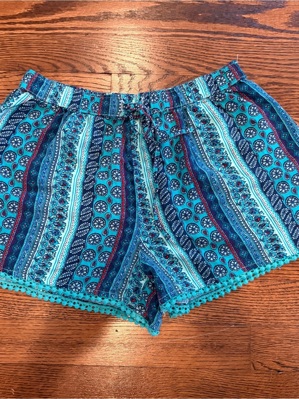 Hollister Teal and Navy Patterned High-Waist Shorts with Pom Trim